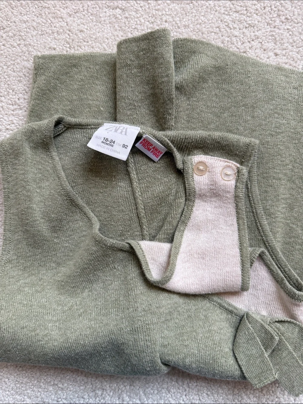 Zara Olive Green Knit Wrap-Style Romper with Cream Contrast and Bow